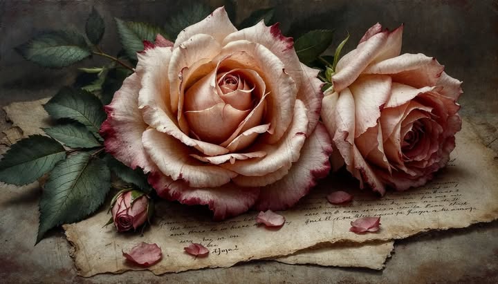 Two vintage roses resting on aged handwritten parchment