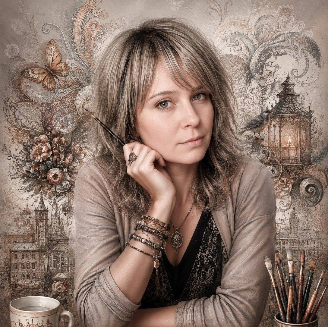 An artist at her desk, chin resting on her hand and a brush in her fingers, framed by vintage florals, butterflies and ornamental flourishes